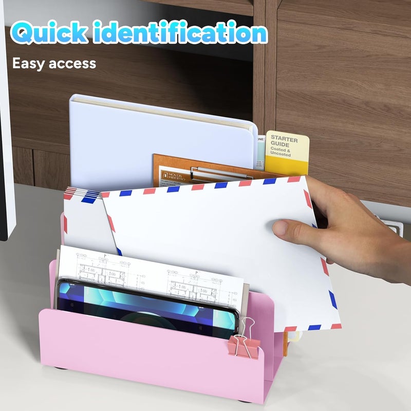 OUTIOE Mail Organizer Countertop, Small Desk File Organizer, Metal File Holder - Essential Workspace Organizers for Office Desk, Home Office (Pink) - Image 4